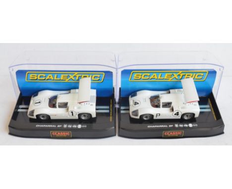 Five 1/32 scale racing slot car models to include Scalextric Classic Collection C2811 Chaparral 2F No1, C2916 Chaparral 2F No