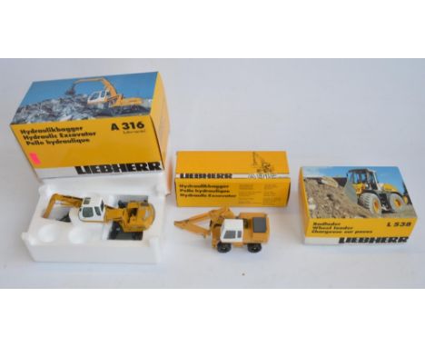 Three 1/50 scale diecast Liebherr plant models to include Conrad L538 Wheel Loader (Mod No 2435/0, model near mint, box excel