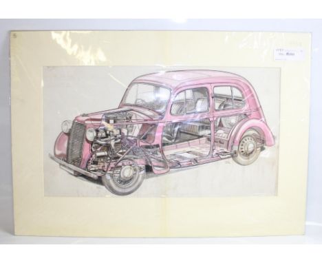 Original cutaway ink drawing of a 1937 Vauxhall Saloon car, by artist Max Millar, and  John Palmer. Some notes and a date can