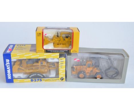 Three highly detailed 1/50 scale diecast plant models, all contents appear mint to include First Gear Komatsu D375 Bulldozer 