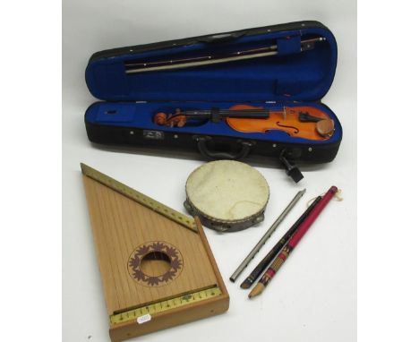 The Stentor child's Violin and bow in case, Tambourine, small Harp and 3 flutes (6) 