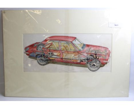 Original ink and paint coloured cutaway  drawing of a Vauxhall Viva, by John Hostler. Size of frame 82cm x 56cm 