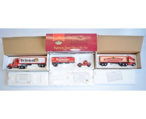 Three boxed 1/58 scale Budweiser themed diecast truck models to include Matchbox Collectibles DYM38233 1948 Diamond T Tractor