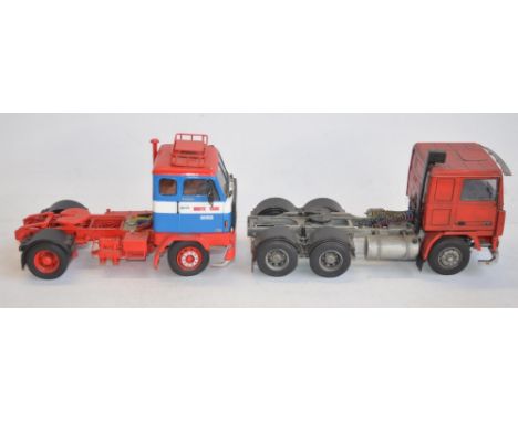 Two well built and detailed sympathetically weathered 1/24 scale Volvo scale plastic truck model kits to include F10 and F88 