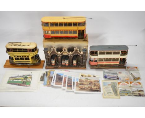 Collection of tram related models, postcards and other ephemera to include a Charles D Forster tram shed ceramic sculpture (W