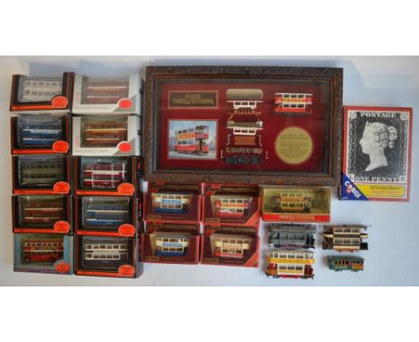 Collection of mostly diecast tram models to include Matchbox limited edition framed cabinet exploded view set 09988 Preston T