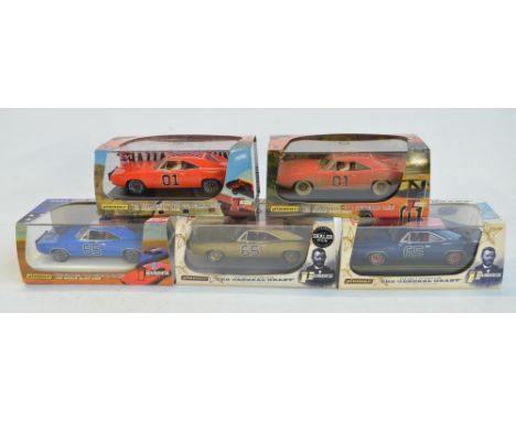 Five 1/32 scale Dodge Charger slot car models from Pioneer to include Dukes Of Hazzard P016 General Lee (with key fob) and P0