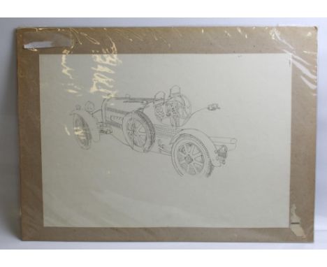 Two unfinished pen and ink drawings of vintage Bugatti motors, by Alan Crisp(unsigned) 47cm x 33cm. A pen and ink drawing of 