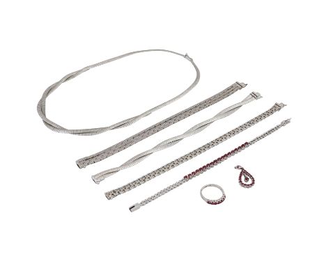   Schmuckkonvolut 7-teilig,  Silber, 98 g, Händlerkonvolut bestehend aus 1 Ring, 4 Armbändern, 1 Anhänger und 1 Kette, tlw. m