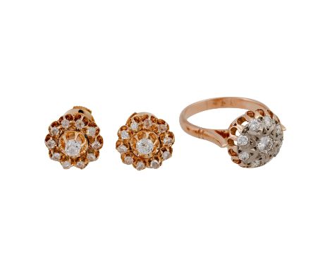   Konvolut Ring und Ohrstecker mit Diamanten zus. ca. 0,95 ct,  Diamanten in verschiedenen Schliffen, angeordnet in Blütenfor