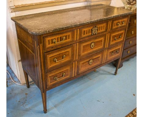 COMMODE, 18th century North Italian walnut, rosewood, panelled satinwood and ebony line inlaid with three long drawers and va