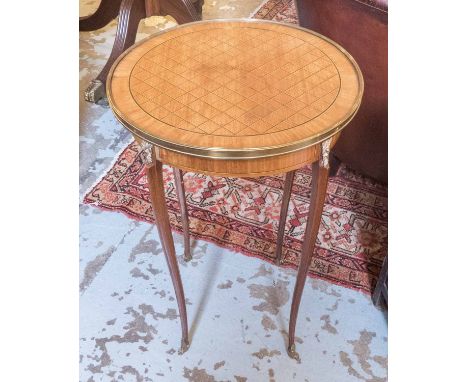 LAMP TABLE CIRCULAR, with parquetry style top on four slender cabriolet supports, with gilt mount, 44cm W x 67cm H (with faul