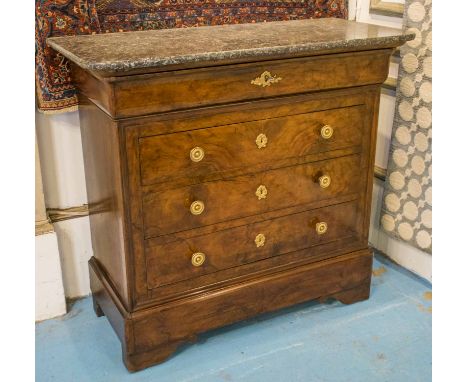 HALL COMMODE, 19th century French, Louis Philippe figured walnut, of small proportions with five long drawers and original St