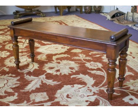 HALL BENCH, Victorian mahogany rectangular with bolster handles and turned supports, 108cm x 30cm D x 48cm H.