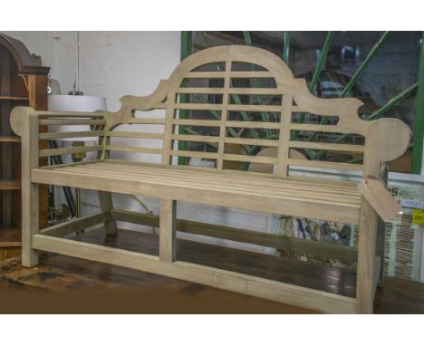 LUTYENS STYLE GARDEN BENCH, weathered teak of slatted construction, after a design by Edwin Lutyens, 164cm W.