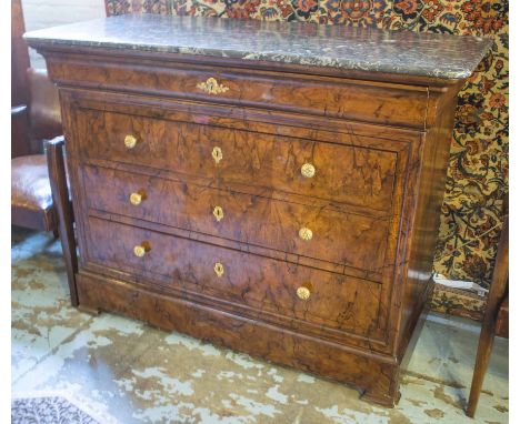 COMMODE, 19th century French Louis Philippe figured walnut with five long drawers gilt metal handles and St Annes grey marble