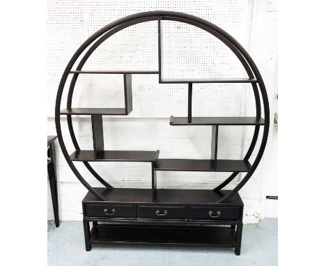 CHINESE ETAGERE, Chinese hardwood, having 'full moon' circular display shelves above three drawers and shelf below. 190cm H x