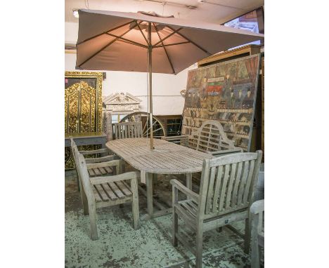 GARDEN SET, silvery weathered teak and slatted construction including an extending folding leaf table, 230cm ext x 100cm x 73