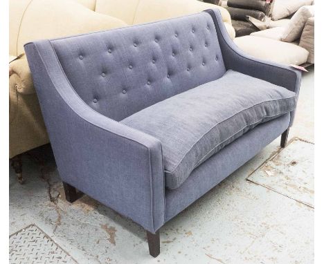 CONTEMPORARY SOFA, two seater, in blue button back fabric on square supports, 146cm L.