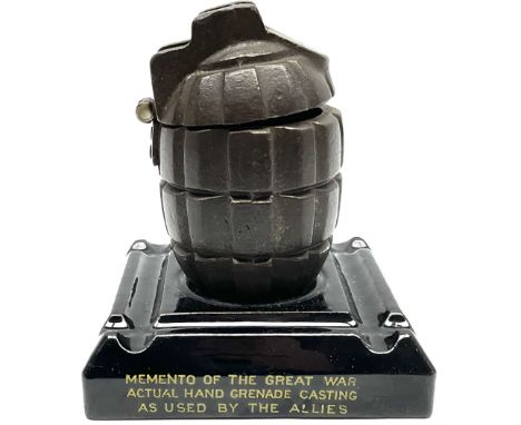 WWI First World War commemorative British Army hand grenade display. Comprising of a genuine WWI Grenade casting, mounted ato
