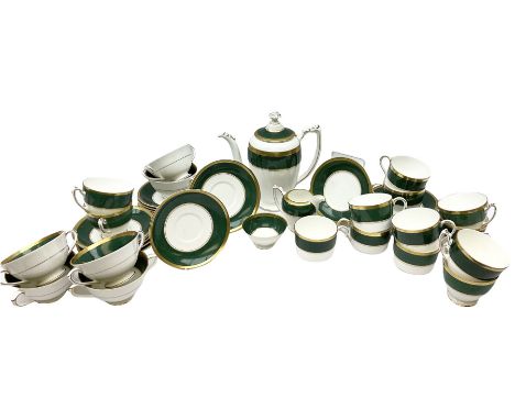 Coalport Athlone Green pattern tea wares, comprising coffee pot, seven coffee cans and saucers, milk jug, open sucrier, six t