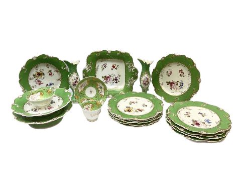 19th Century and later, Minton style tea and dessert wares, centrally decorated with a spray of flowers within green and gilt