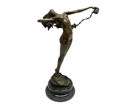 Bronze figure of a nude female holding a vine, after 'H. Frishmuth', with foundry mark on socle base, H38cm
