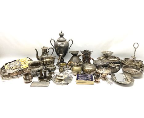 Large quantity of assorted metal ware, largely comprising silver plate, to include teapots and other teawares, bottle holder,