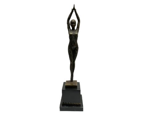 Art Deco style bronze figure of a dancer with hands raised above her head, after 'Chiparus', with foundry mark, raised upon a