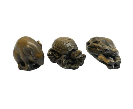 Three netsuke, modelled as a turtle, rat and deer