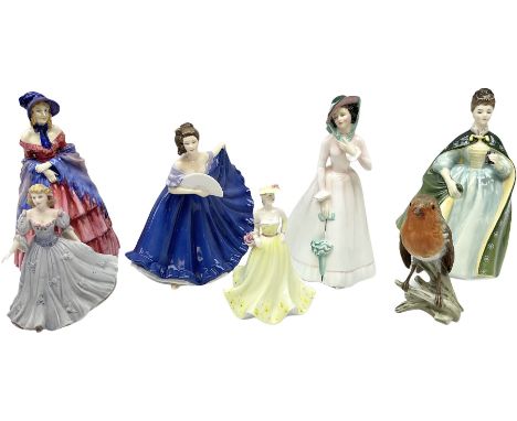 Royal doulton figures, comprising of, a victorian lady HN728, Premiere HN2343, Julia HN2706, Elaine HN4718, together with two