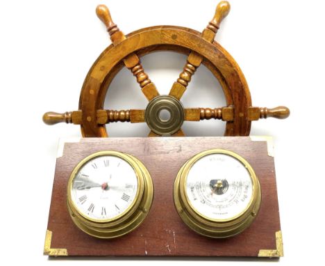 Wall hanging Spectrum quartz clock and Weathermaster barometer, together with six turned spokes ship wheel with brass central