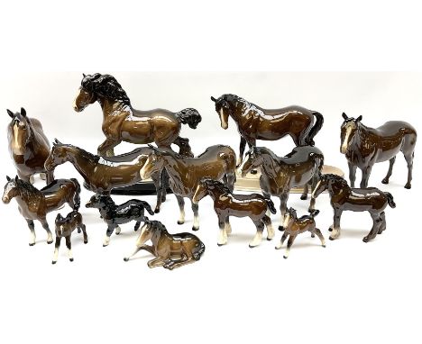 Beswick figures to include, bay mare, model no 976, three bay huntsman horses, model no 1484, shire horse, model no 818, foal