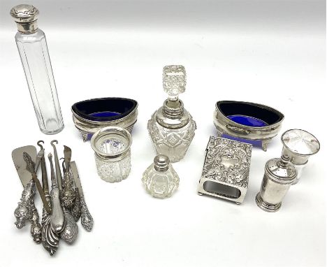 Pair of Georgian silver navette shaped salts with blue glass liners, hallmarks worn and indistinct, silver matchbox cover emb