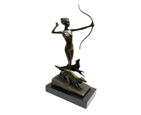 Art Deco style bronze, after 'Lorenzl', modelled as a nude female figure holding a bow, with two dogs, with foundry mark, inc