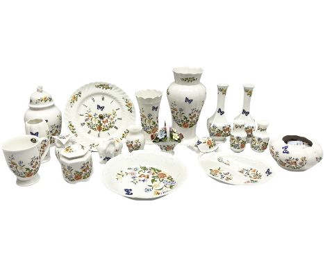 Aynsley cottage garden pattern wares, to include, large vase with a tulip neck, plate wall clock, basket of ceramic flowers, 