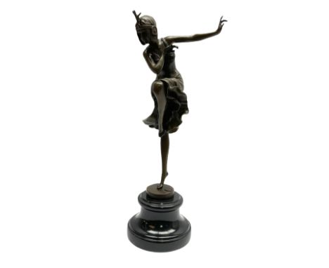 Art Deco style bronze figure of a dancer after 'Chiparus' on socle base, H39cm overall
