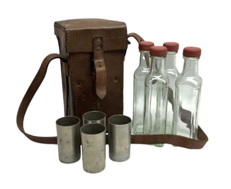 WWII leather cased set of four glass flasks and cylindrical cups, the case embossed 'CM3216 B.H.G. 1942'