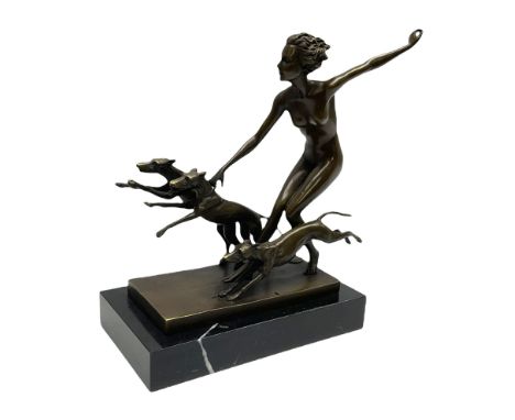 After 'Lorenzl', Art Deco style bronze figure modelled as a lady with three dogs, with foundry mark, including base H23cm