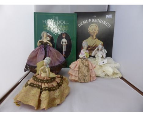 Three vintage porcelain, fully dressed, half doll pin cushion ladies, a dressed bisque lady pin doll with matching basket bas
