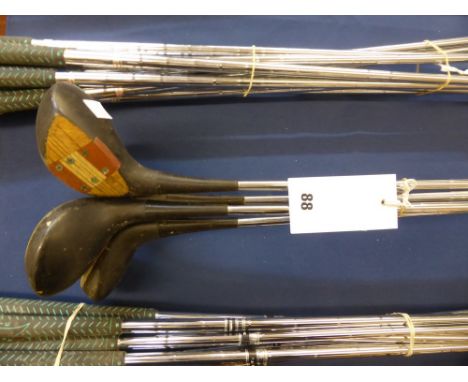 Set of vintage MacGregor "Tourney Eye-o-Matic " golf club woods owned by former Ryder cup player (1975) Norman wood, right ha