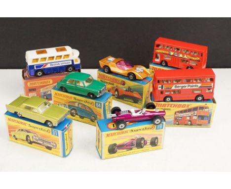 Five boxed Matchbox Superfast diecast models to include 19 Lotus Racing Car, 4 Gruesome Twosome, 31 Lincoln Continental, 64 M