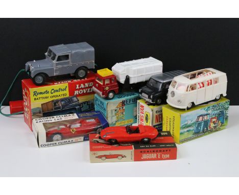 Six boxed Mid 20th C plastic models to include Scalecraft Electric Jaguar E Type kit (built), Marx Remote Control battery ope