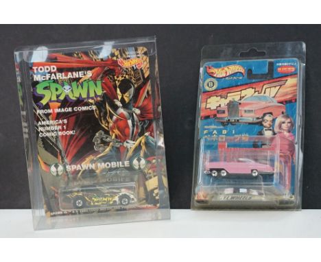 Two carded Mattel Hot Wheels diecast models to include Bandai Thunderbirds Fab 1 on Japanese card and Todd McFarlane's Spawn 