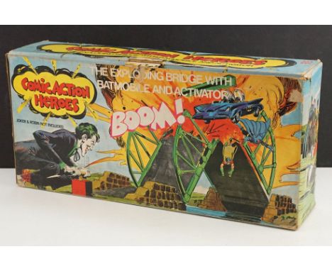 Boxed Denys Fisher Comic Action Heroes The Exploding Bridge with Batmobile and Excavator set, appears to be complete with ins