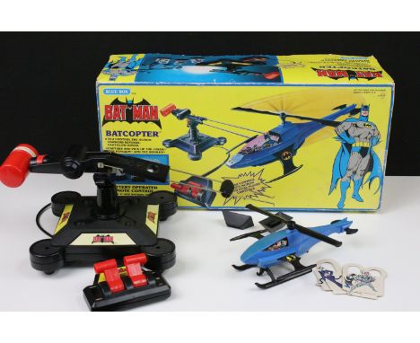 Boxed Blue-Box Batman Battery Operated remote control Batcopter model, appearing compete with Joker, Penguin and Riddler card