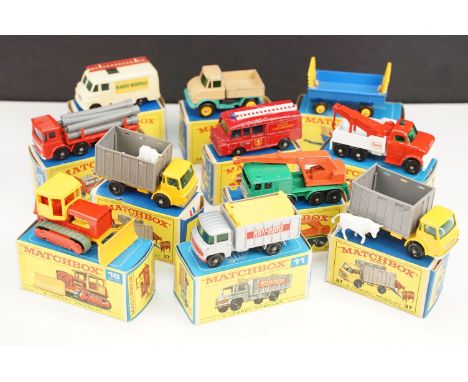 11 Boxed Matchbox 75 Series diecast models to include 62 TV Service Van, 37 Cattle Truck with figure, 10 Pipe Truck (a few pa