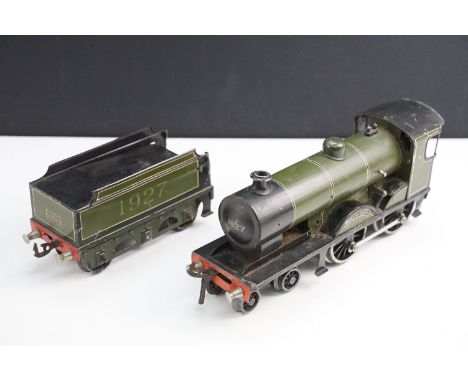 Bassett Lowke O gauge clockwork Duke Of York 4-4-0 locomotive, No. 1927 with LMS 1927 tender in green, showing signs of wear,