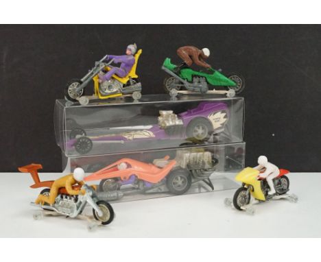 Four Mattel Hot Wheels Rrrumblers models to include Straight Away in main body green (paint chips), brown rider with white he