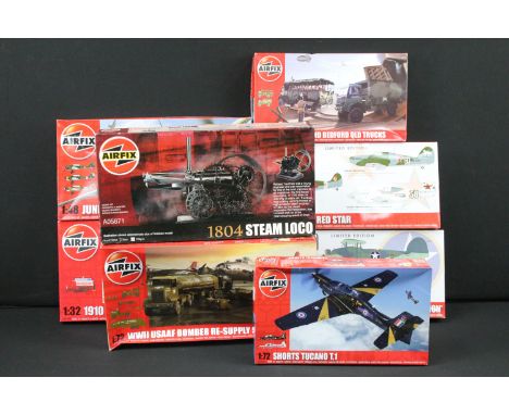 Eight boxed Airfix 1/32 - 1/76 scale plastic model kits to include 06304 WWII USAAF Bomber Re-Supply Set, A05100 Junkers Ju87